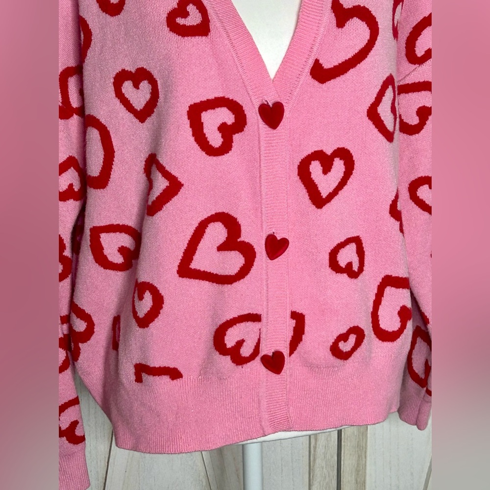 33 Degrees Pink and Red Heart Cardigan women sz Large Valentines cottagecore - Picture 4 of 12